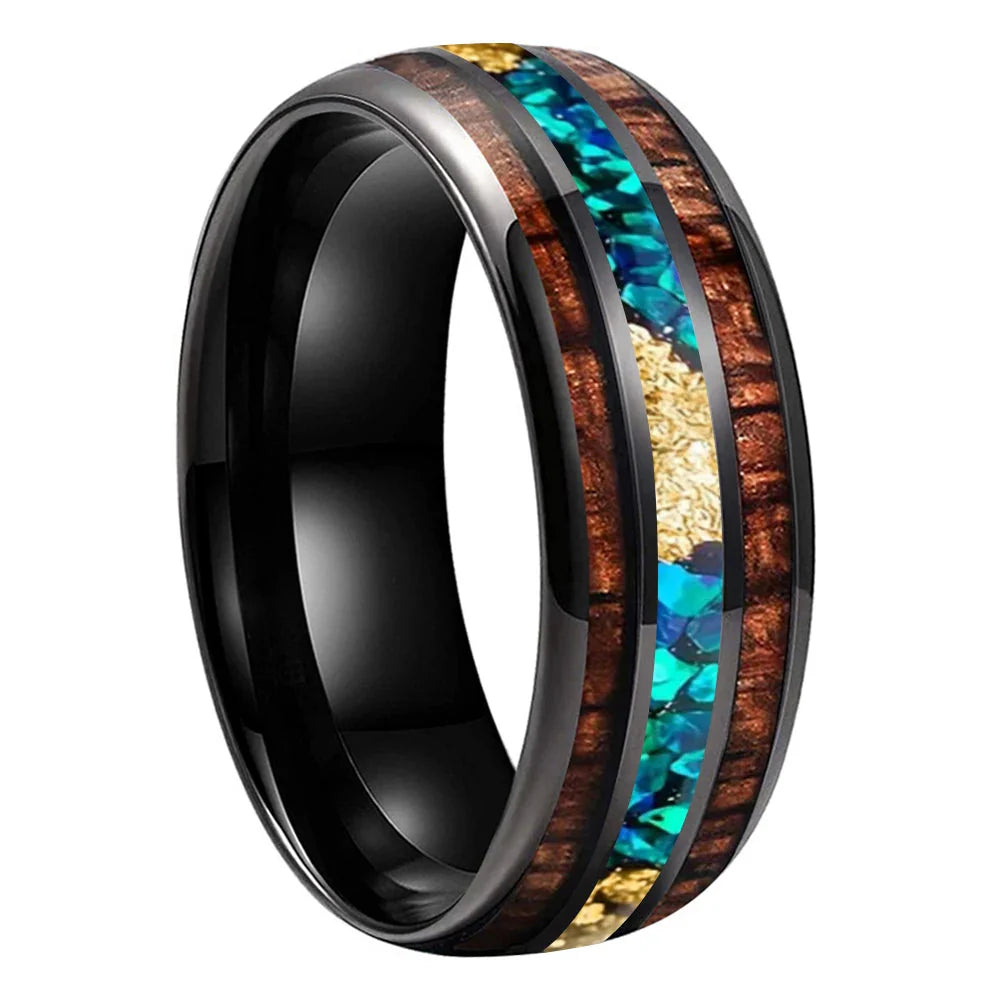 The Opal Ember - Koa Wood Opal and Gold Foil Tungsten Ring - Black Color 8mm / 8MM / 7 - rings