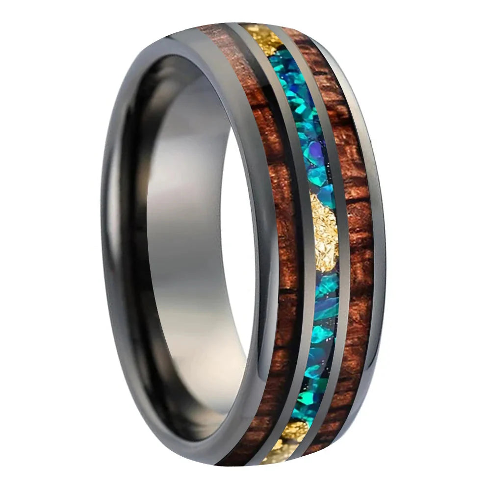 The Opal Ember - Koa Wood Opal and Gold Foil Tungsten Ring - Gunmetal Color 8mm / 8MM / 7.5 - rings