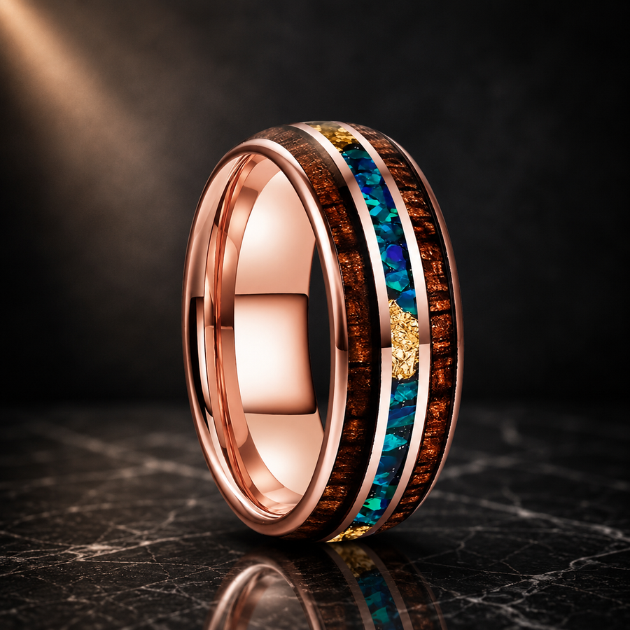 The Opal Ember - Koa Wood, Opal and Gold Foil Tungsten Ring