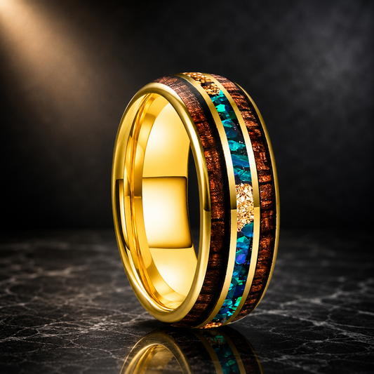 The Opal Ember - Koa Wood Opal and Gold Foil Tungsten Ring - rings