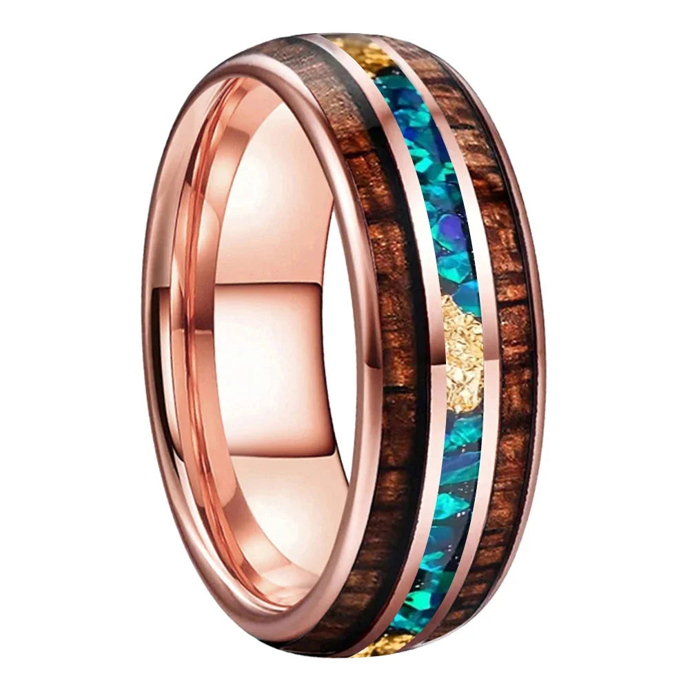 The Opal Ember - Koa Wood Opal and Gold Foil Tungsten Ring - Rose Gold 8mm / 8MM / 15 - rings