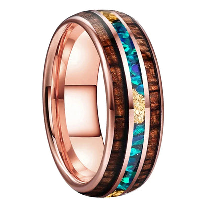The Opal Ember - Koa Wood Opal and Gold Foil Tungsten Ring - Rose Gold 8mm / 8MM / 15 - rings