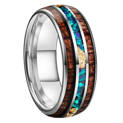 The Opal Ember - Koa Wood Opal and Gold Foil Tungsten Ring - Silver Color 8mm / 8MM / 7.5 - rings