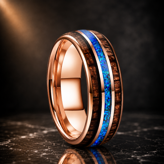 The Prismwood - Opal and Wood Inlay Tungsten Ring - Blue Opal Ring 1 / 6.5 / 8MM - rings