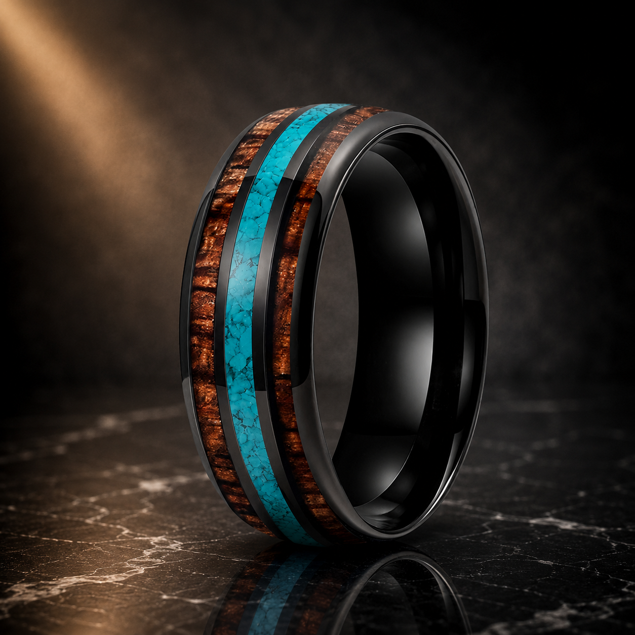 The Skywood - Wood and Turquoise Inlay Tungsten Ring - black / 8MM / 9.5 - rings