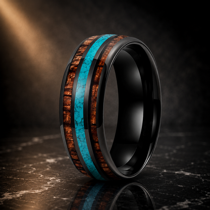 The Skywood - Wood and Turquoise Inlay Tungsten Ring - black / 8MM / 9.5 - rings