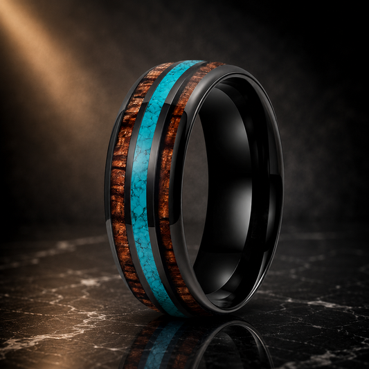 The Skywood - Wood and Turquoise Inlay Tungsten Ring - black / 8MM / 9.5 - rings