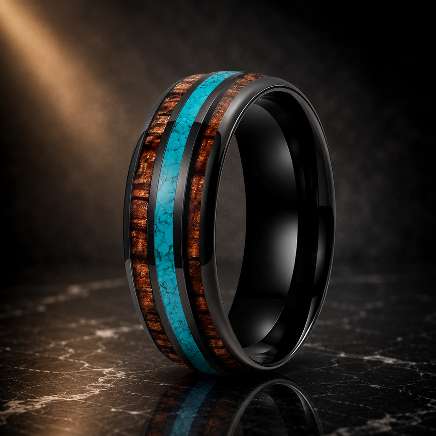 The Skywood - Wood and Turquoise Inlay  Tungsten Ring