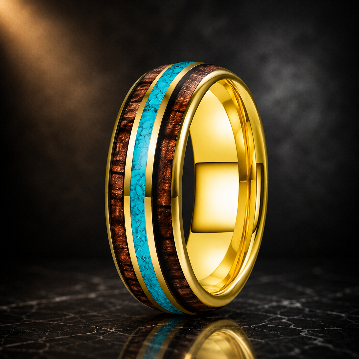 The Skywood - Wood and Turquoise Inlay Tungsten Ring - Gold / 8MM / 6.5 - rings