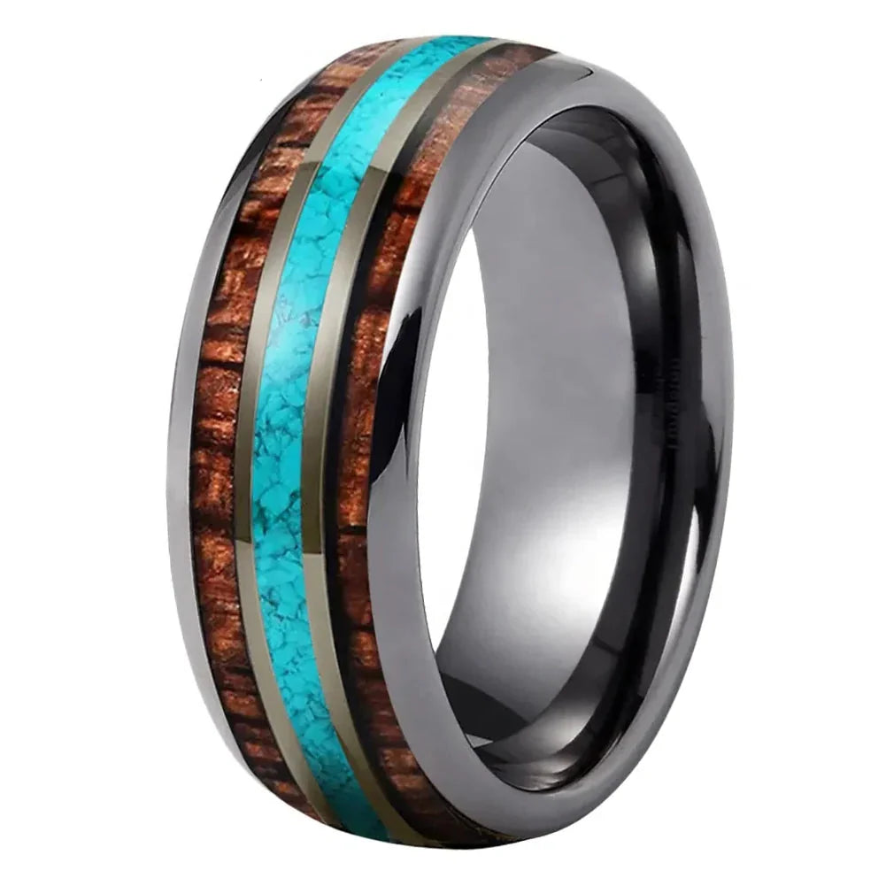 The Skywood - Wood and Turquoise Inlay Tungsten Ring - Gunmetal / 8MM / 7.5 - rings