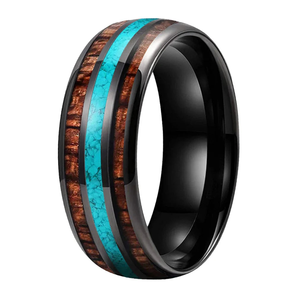 The Skywood - Wood and Turquoise Inlay Tungsten Ring - rings