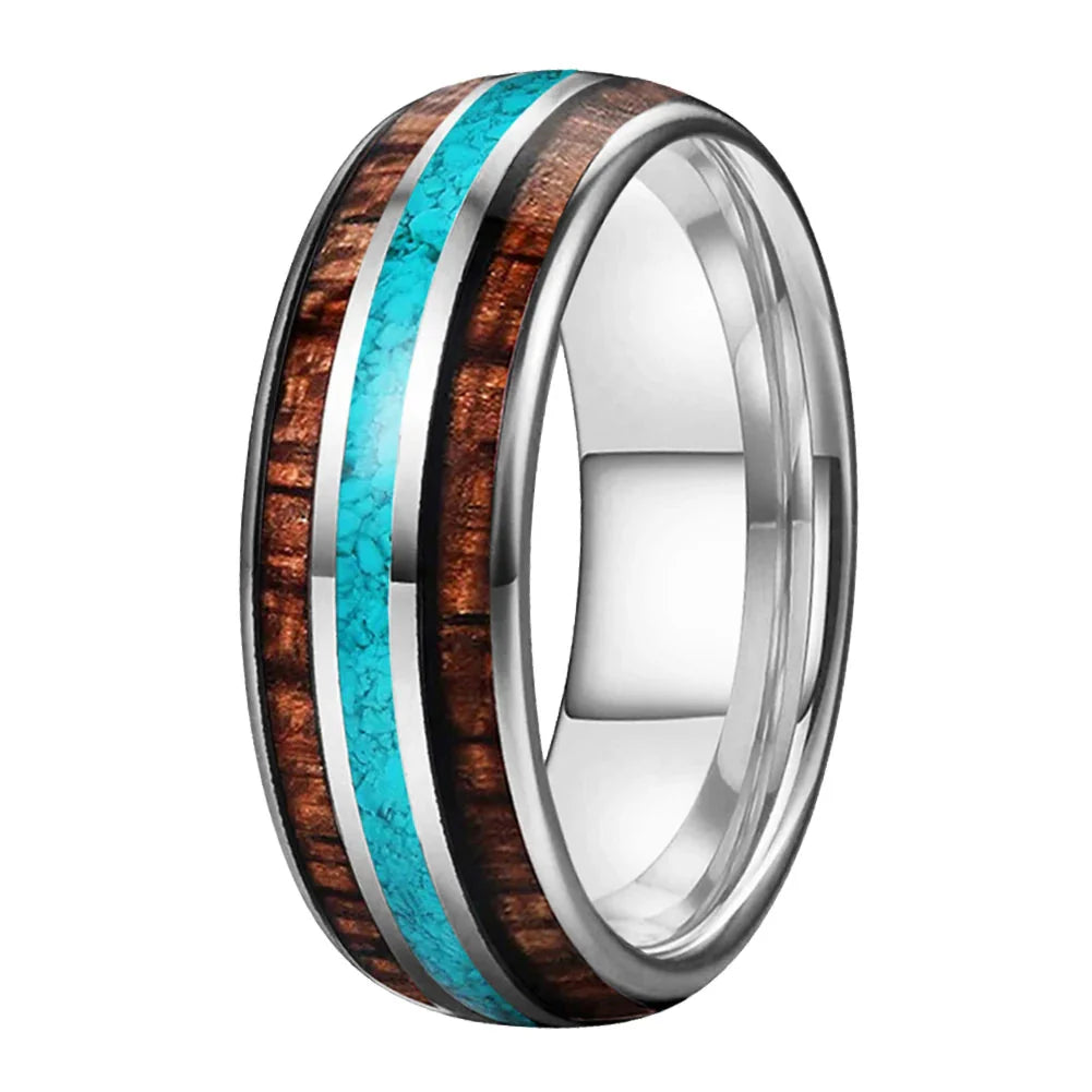 The Skywood - Wood and Turquoise Inlay Tungsten Ring - rings