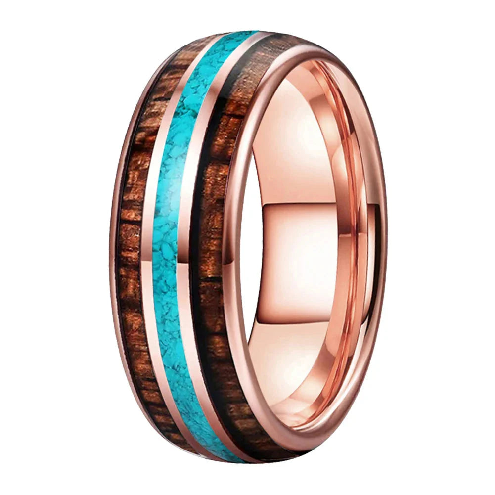 The Skywood - Wood and Turquoise Inlay Tungsten Ring - Rose Gold / 8MM / 8.5 - rings