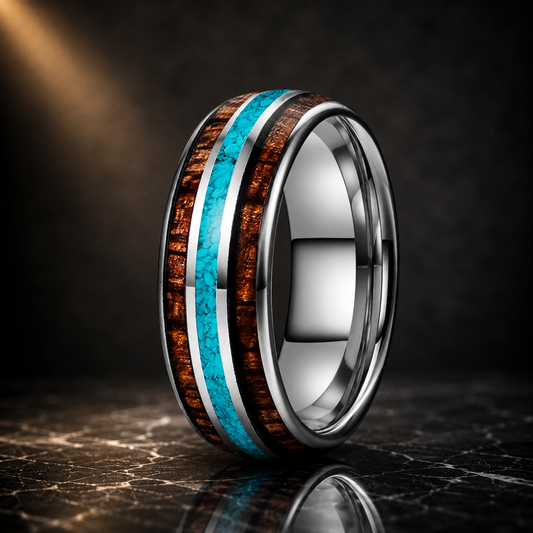 The Skywood - Wood and Turquoise Inlay Tungsten Ring - Silver / 8MM / 14.5 - rings