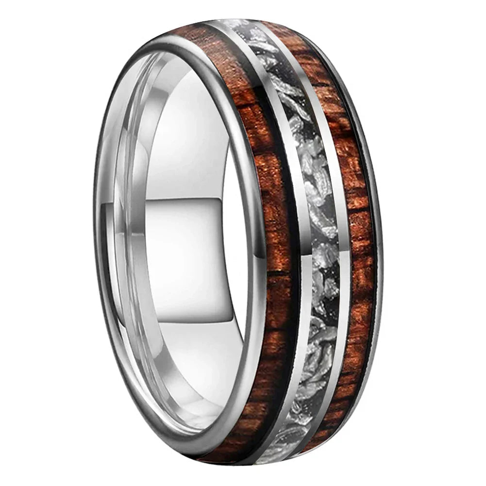 The Starforge Koa, Koa Wood and Meteorite Tungsten Ring - Silver Color 8mm / 8MM / 7 - rings