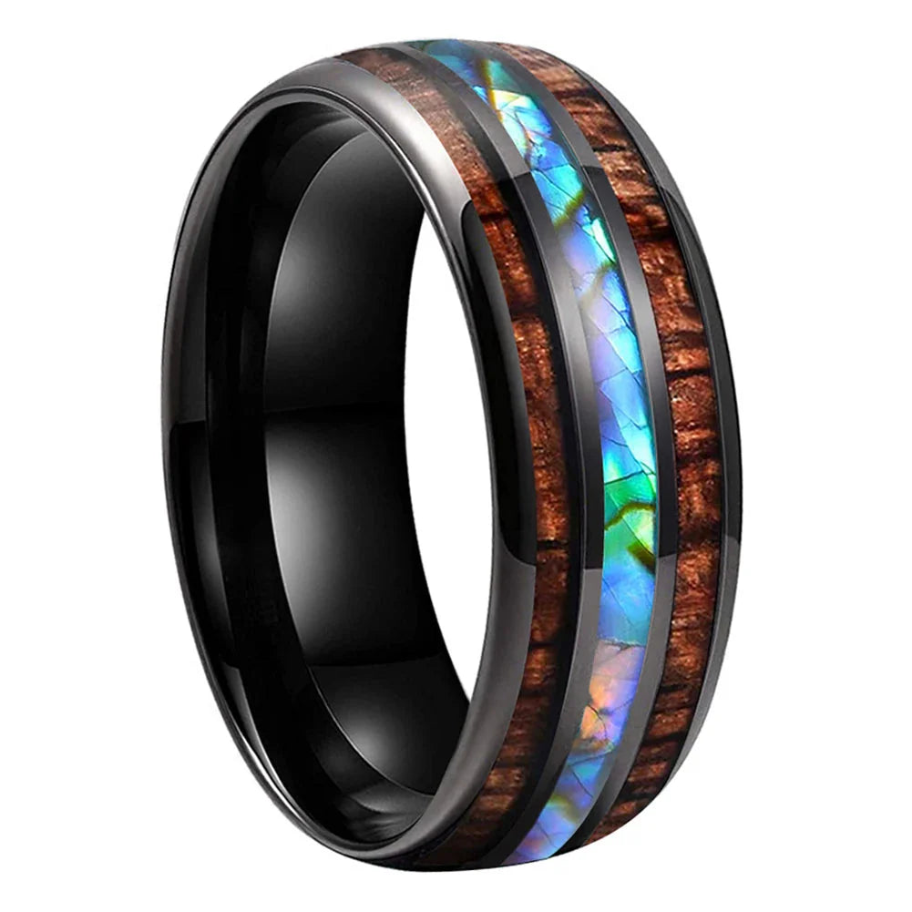The Tidewood - Abalone Shell and Koa Wood Tungsten Ring - Black / 8MM / 15 - rings