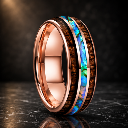 The Tidewood - Abalone Shell and Koa Wood Tungsten Ring - Rose / 8MM / 9.5 - rings