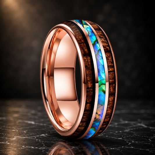 The Tidewood - Abalone Shell and Koa Wood Tungsten Ring - Rose / 8MM / 9.5 - rings