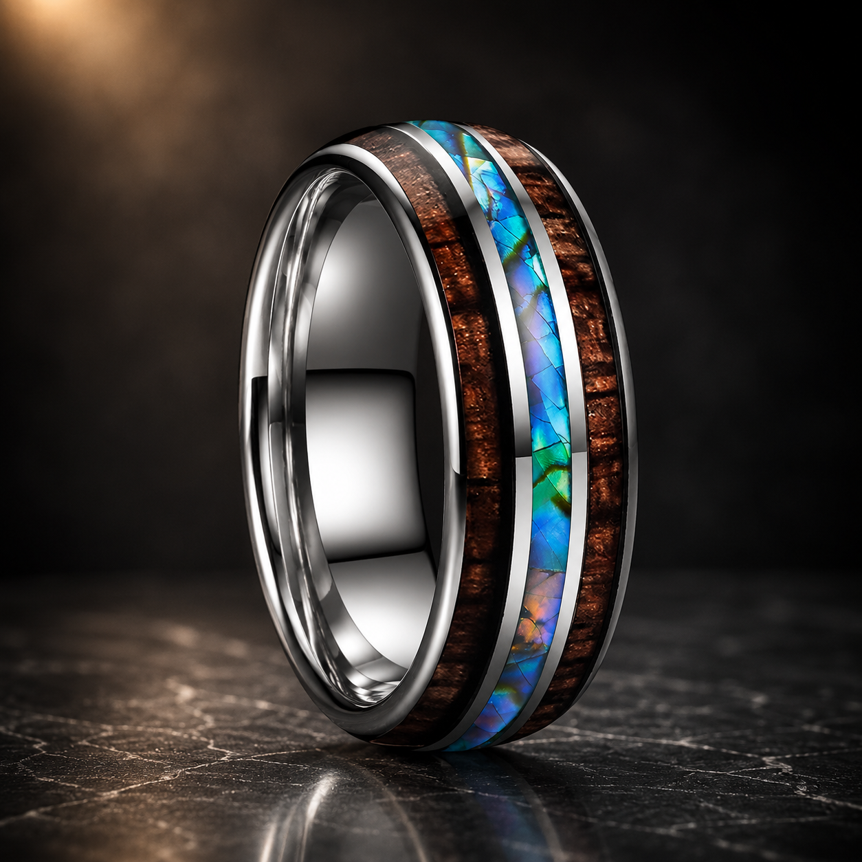 The Tidewood - Abalone Shell and Koa Wood Tungsten Ring - Silver / 8MM / 6 - rings
