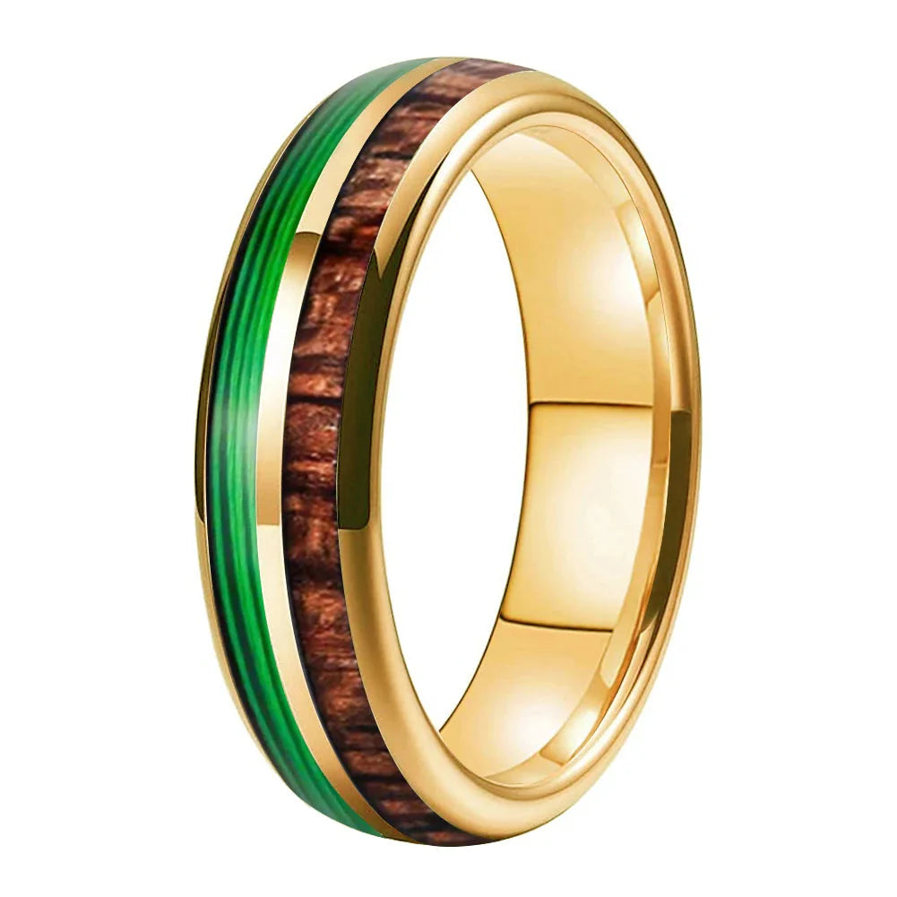 The Verdant String - Koa Wood and Guitar String Tungsten Ring - Gold 6mm / 12.5