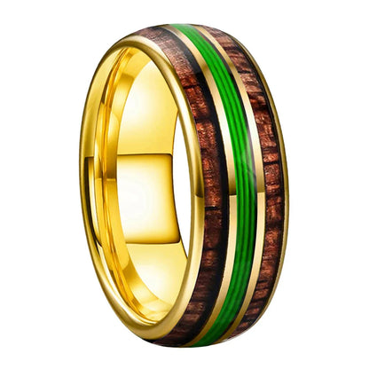 The Verdant String - Koa Wood and Guitar String Tungsten Ring - Gold Color 8mm / 12.5