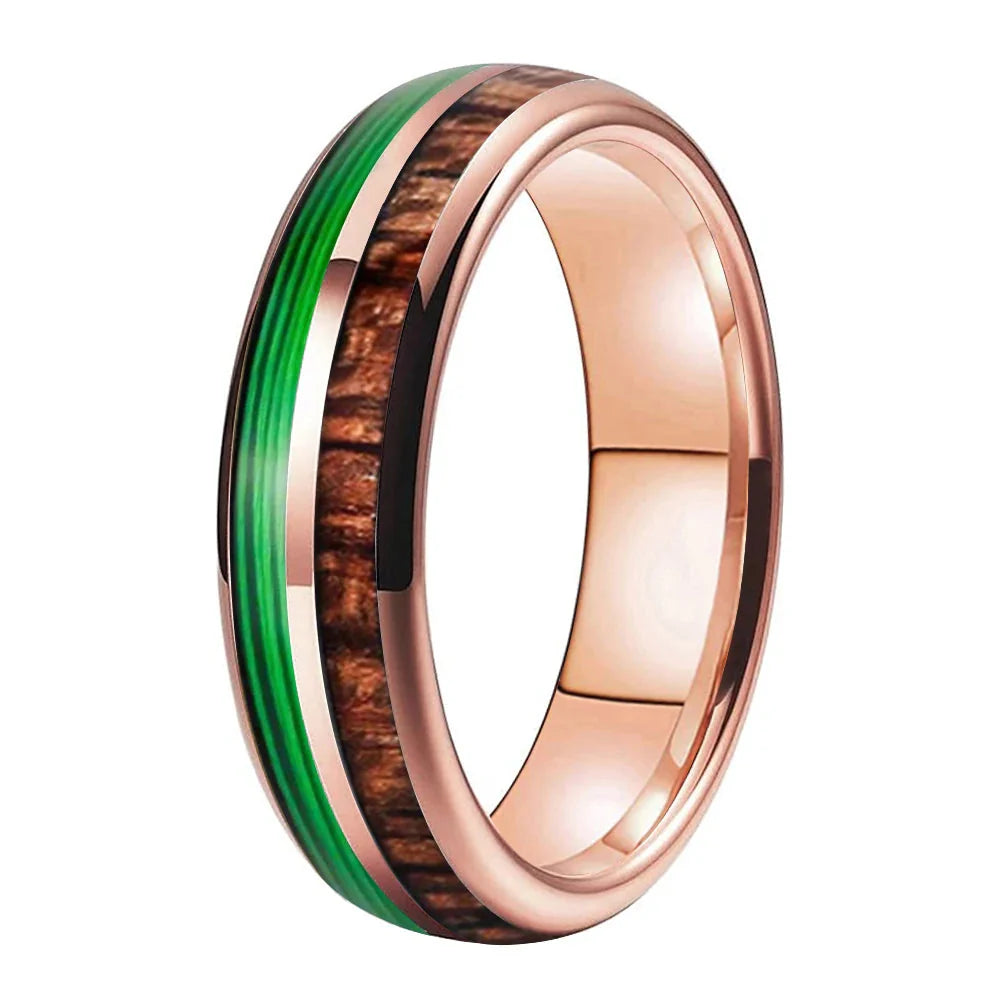 The Verdant String - Koa Wood and Guitar String Tungsten Ring - Rose Gold 6mm / 12.5