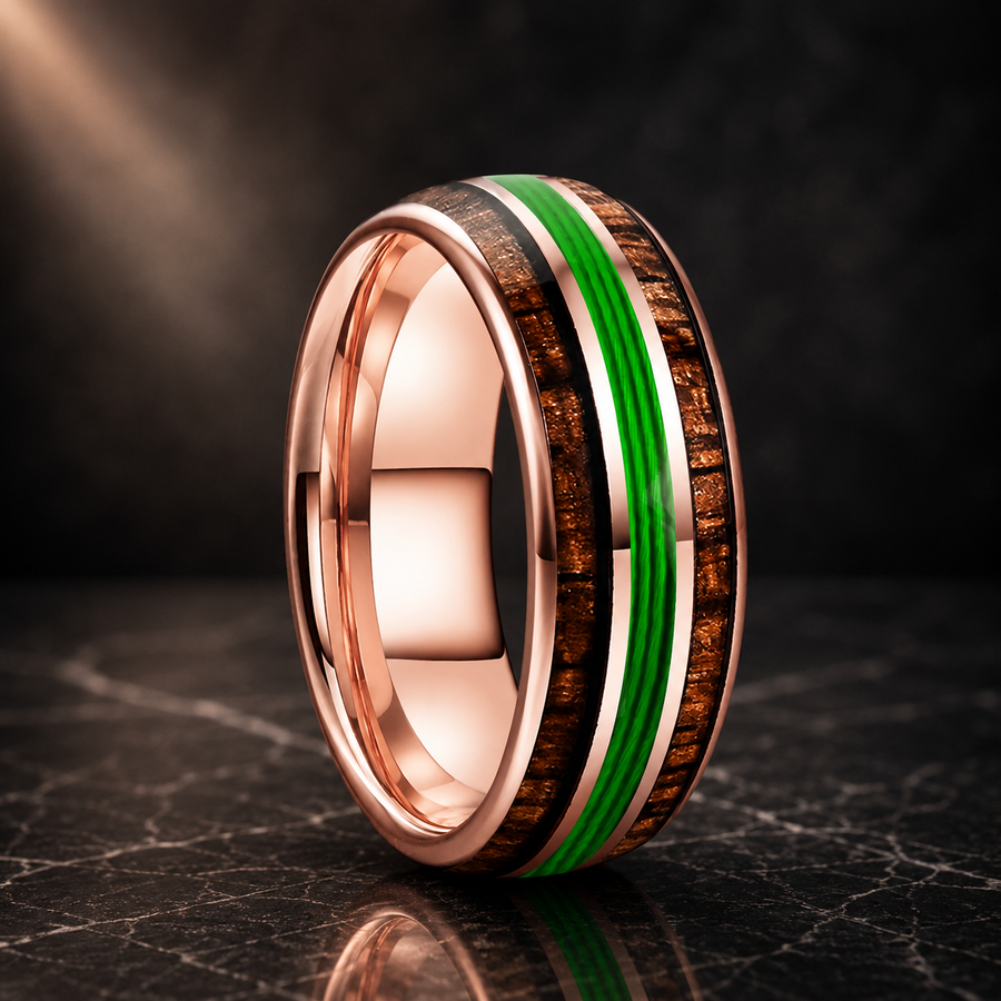 The Verdant String - Koa Wood and Guitar String Tungsten Ring