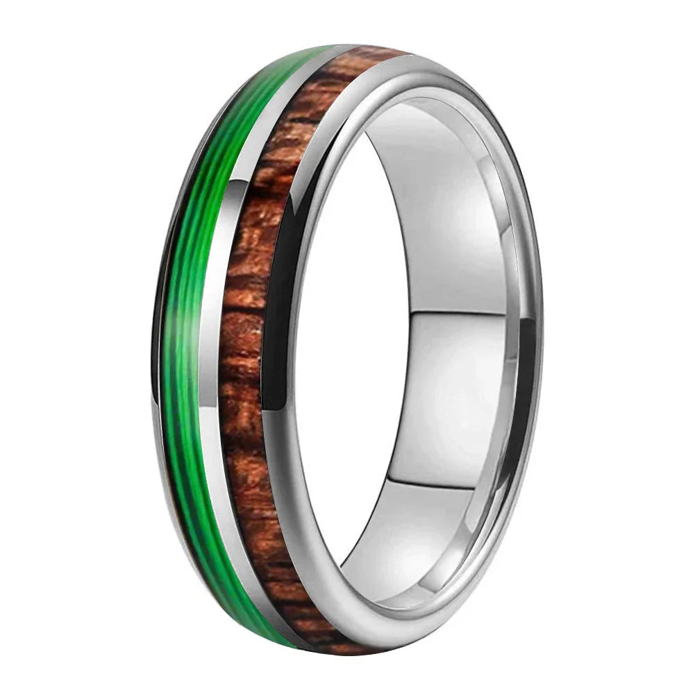 The Verdant String - Koa Wood and Guitar String Tungsten Ring - Silver Color 6mm / 12.5