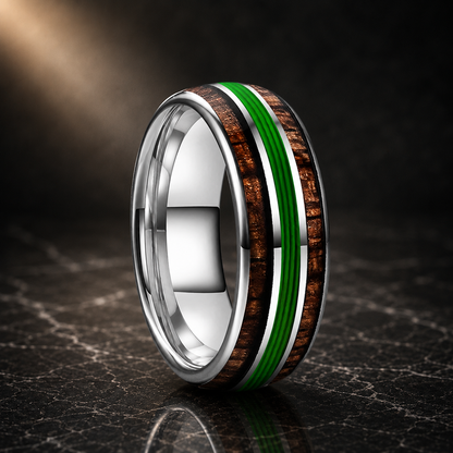 The Verdant String - Koa Wood and Guitar String Tungsten Ring - Silver Color 8mm / 12.5