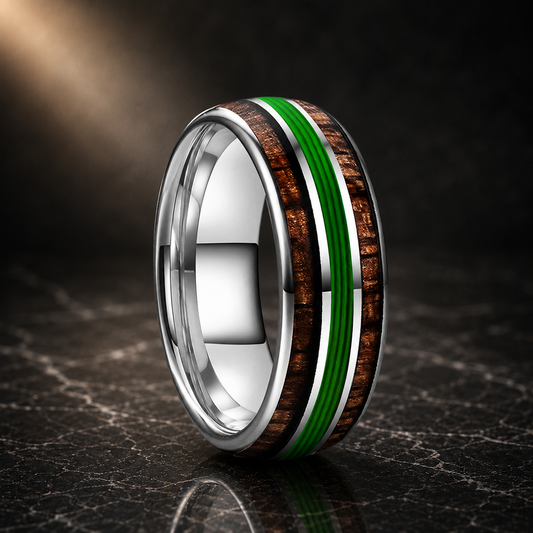 The Verdant String - Koa Wood and Guitar String Tungsten Ring - Silver Color 8mm / 12.5