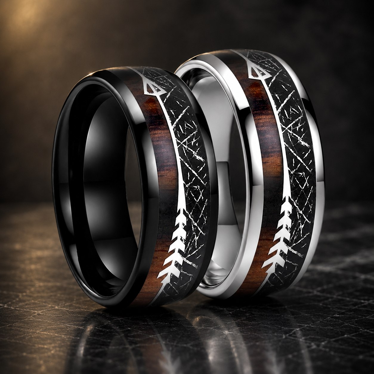 The Voidkoa - Black Meteorite and Koa Wood Tungsten Ring - rings
