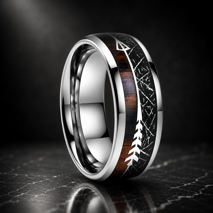 The Voidkoa - Black Meteorite and Koa Wood Tungsten Ring - Silver / 8MM / 9.5 - rings