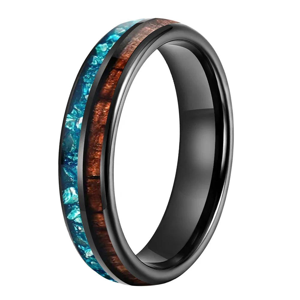 The Waveglass - Koa Wood and Sky Blue Crystal Tungsten Ring - Black 6mm / 5.5 - rings