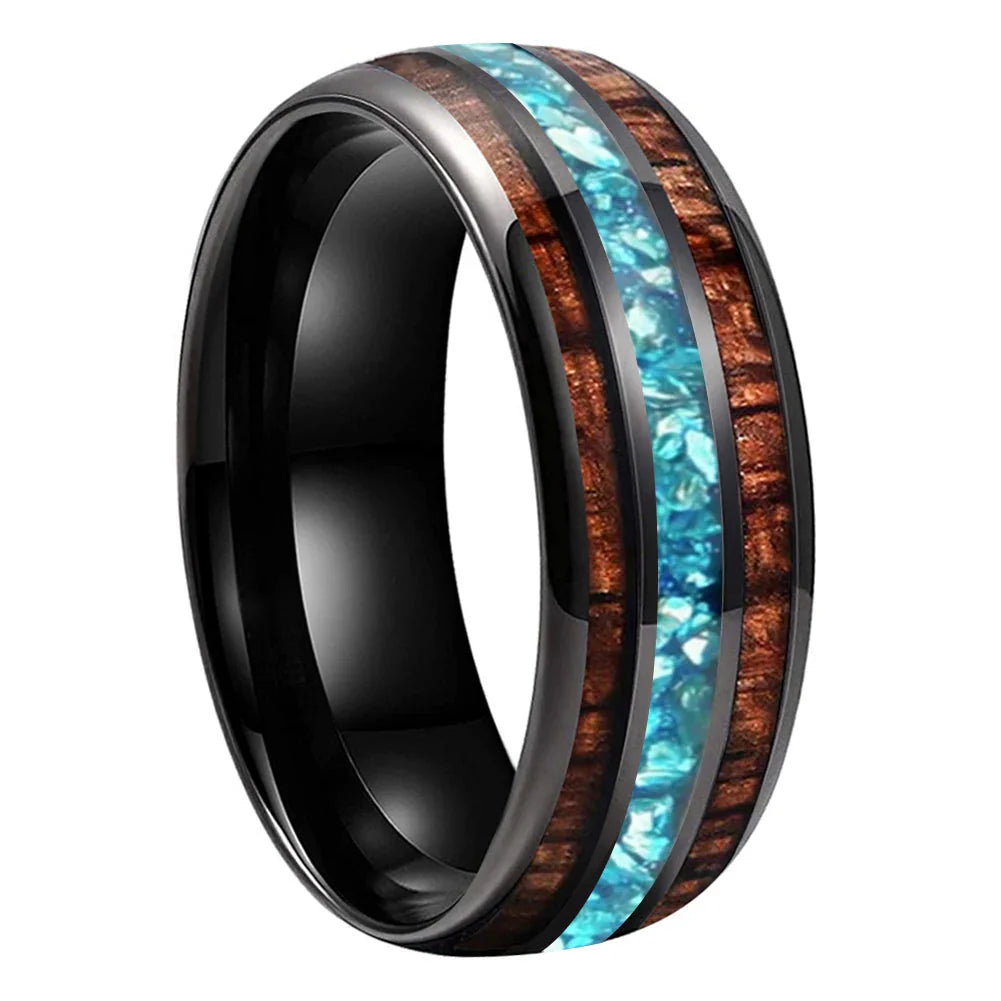 The Waveglass - Koa Wood and Sky Blue Crystal Tungsten Ring - Black 8mm / 7.5 - rings