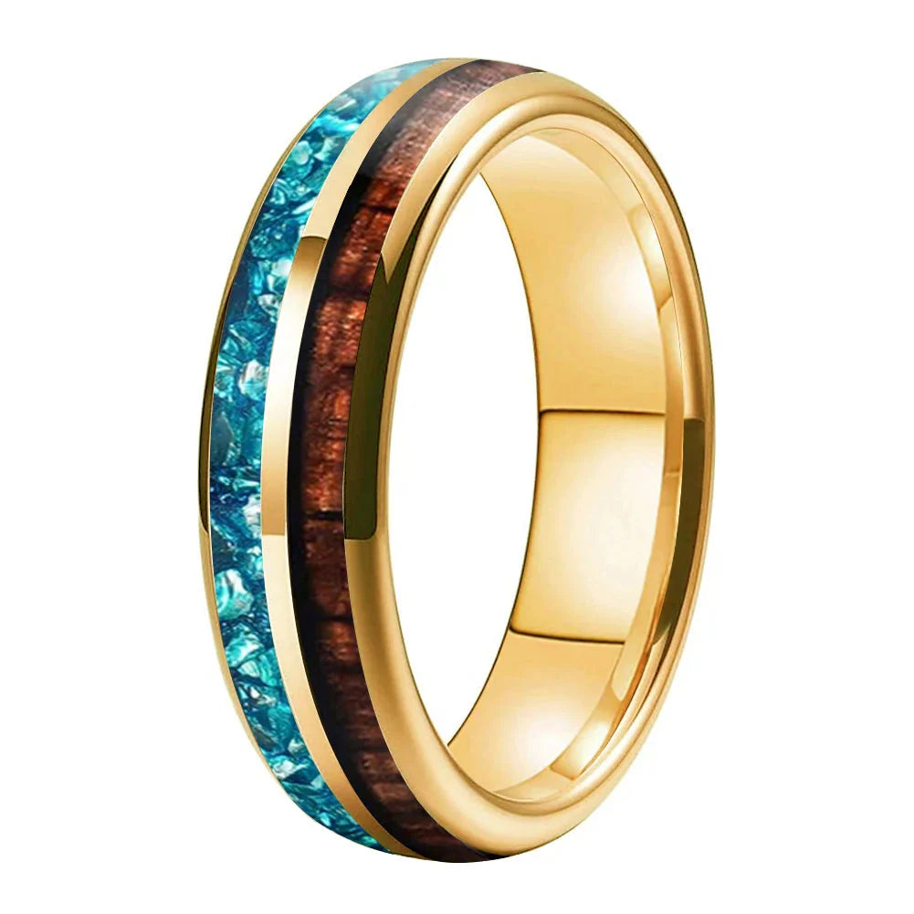 The Waveglass - Koa Wood and Sky Blue Crystal Tungsten Ring - Gold 6mm / 5 - rings