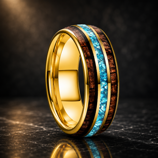 The Waveglass - Koa Wood and Sky Blue Crystal Tungsten Ring - Gold 8mm / 15 - rings