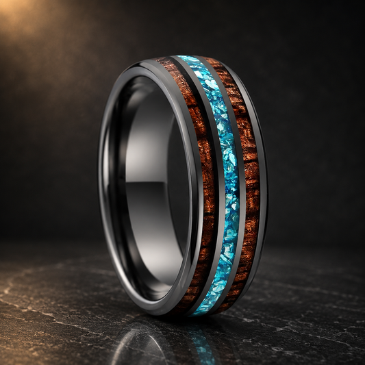 The Waveglass - Koa Wood and Sky Blue Crystal Tungsten Ring - Gunmetal 8mm / 5.5 - rings