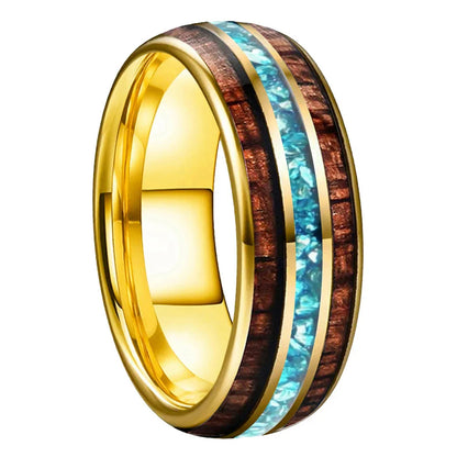 The Waveglass - Koa Wood and Sky Blue Crystal Tungsten Ring - rings