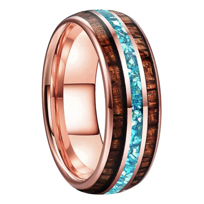 The Waveglass - Koa Wood and Sky Blue Crystal Tungsten Ring - Rose Gold 8mm / 5 - rings