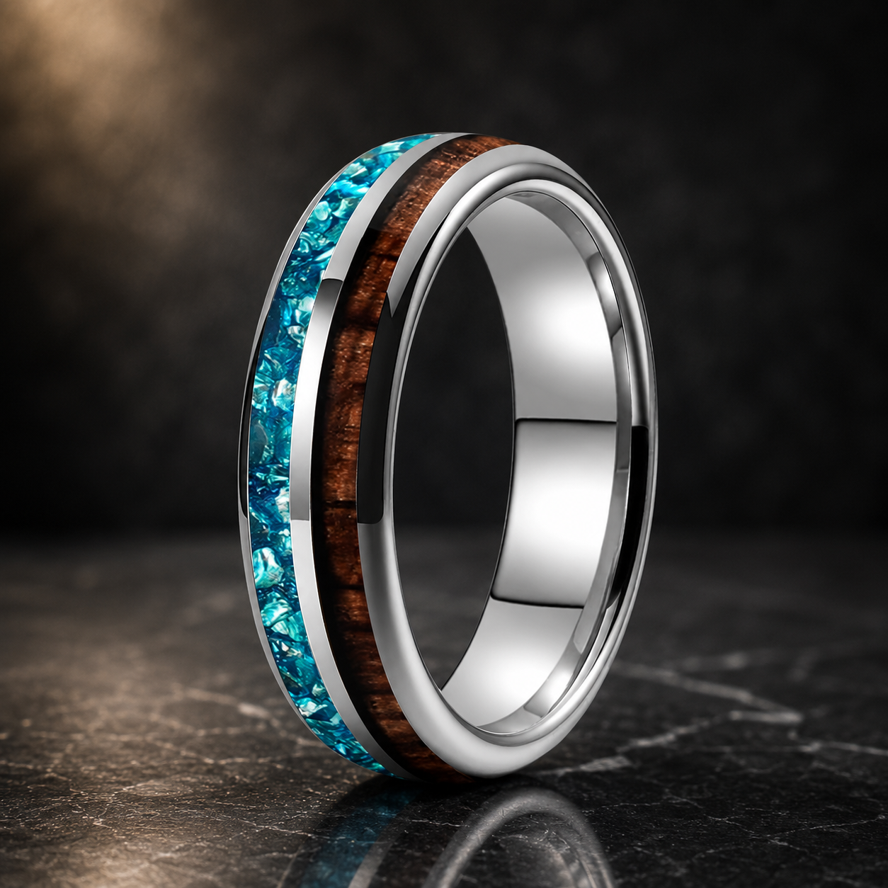 The Waveglass - Koa Wood and Sky Blue Crystal Tungsten Ring - Silver 6mm / 8 - rings