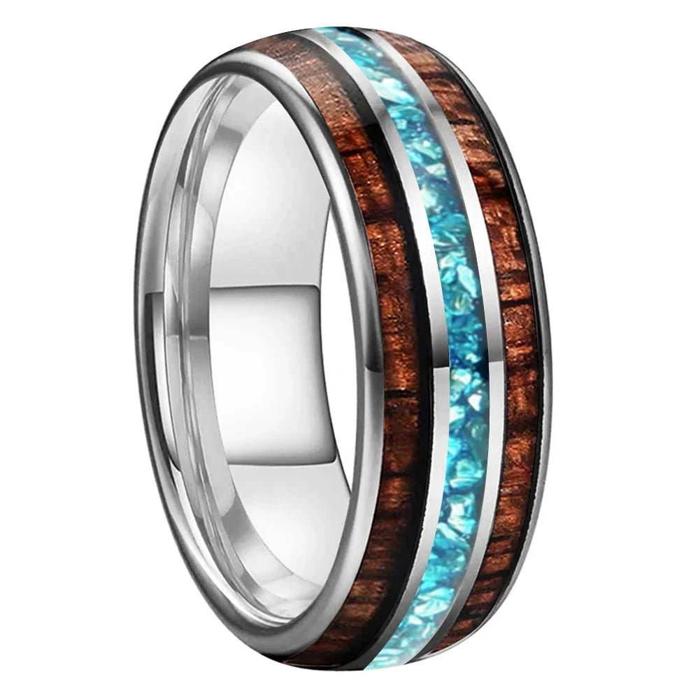 The Waveglass - Koa Wood and Sky Blue Crystal Tungsten Ring - Silver 8mm / 6 - rings