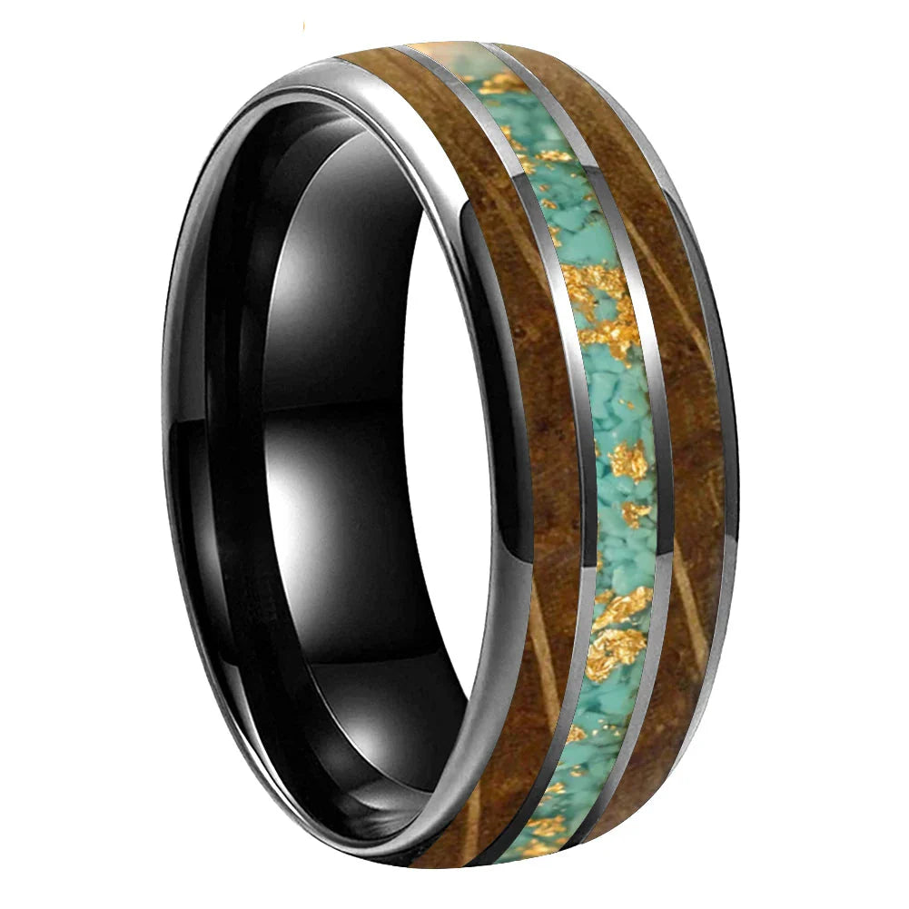 The Whiskeyturq - Whiskey Wood and Turquoise Tungsten Ring - Black / 8MM / 14.5 - rings