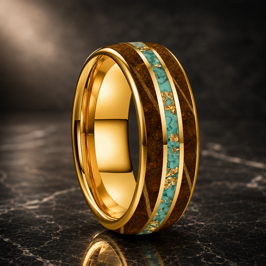 The Whiskeyturq - Whiskey Wood and Turquoise Tungsten Ring - Gold / 8MM / 14.5 - rings