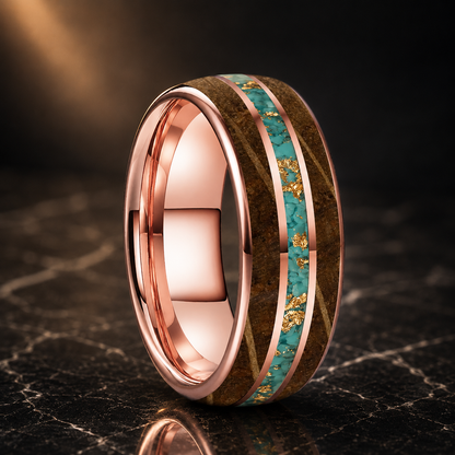 The Whiskeyturq - Whiskey Wood and Turquoise Tungsten Ring - Rose Gold / 8MM / 14.5 - rings