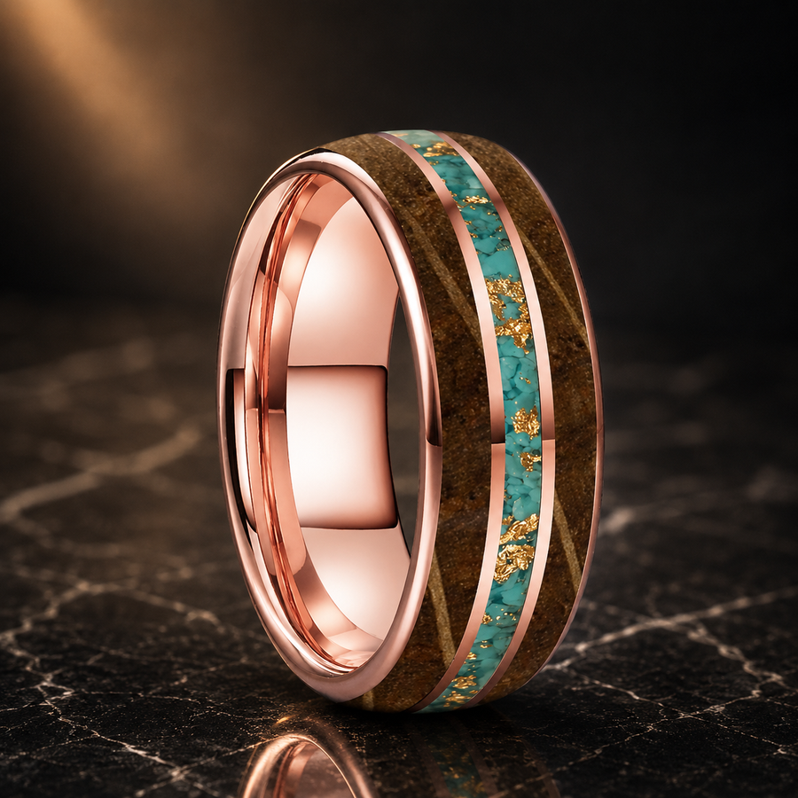 The Whiskeyturq - Whiskey Wood and Turquoise Tungsten Ring