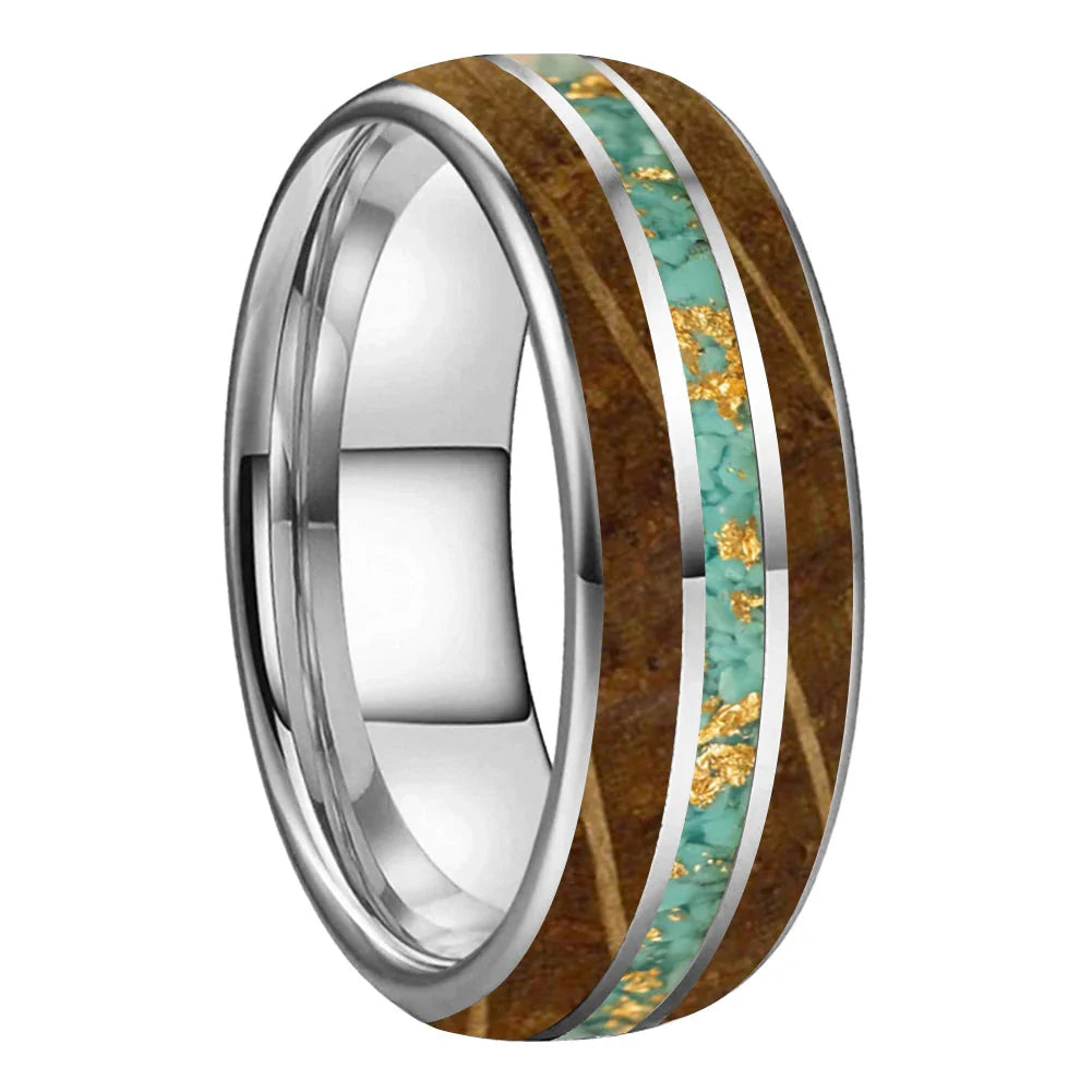 The Whiskeyturq - Whiskey Wood and Turquoise Tungsten Ring - Silver / 8MM / 14.5 - rings