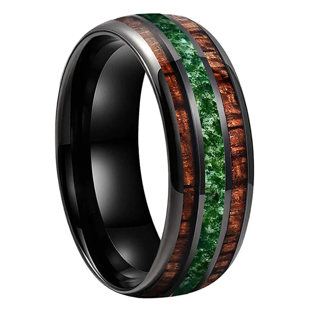 The Wildmoss - Koa Wood and Moss Agate Tungsten Ring