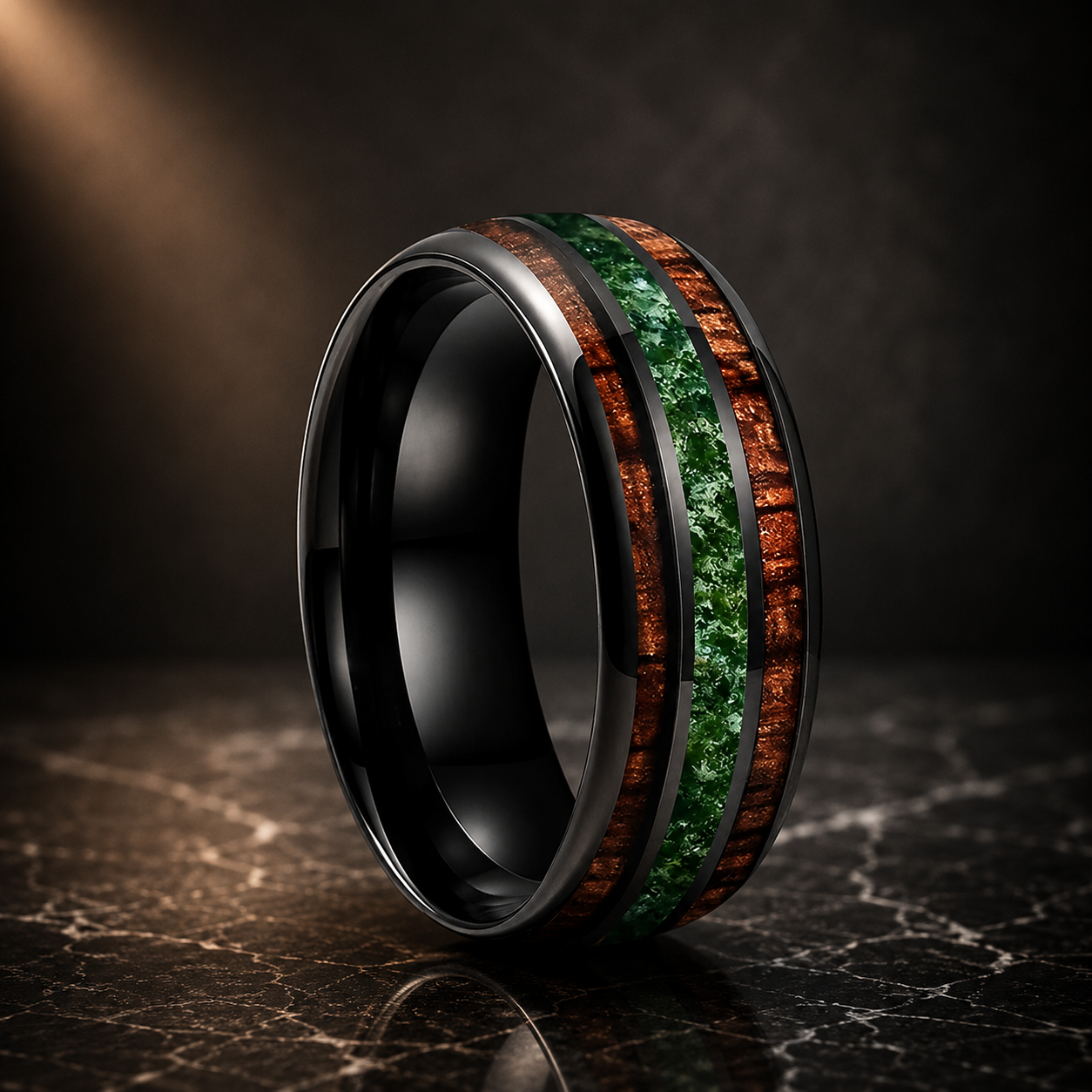 The Wildmoss - Koa Wood and Moss Agate Tungsten Ring - Black / 8MM / 15