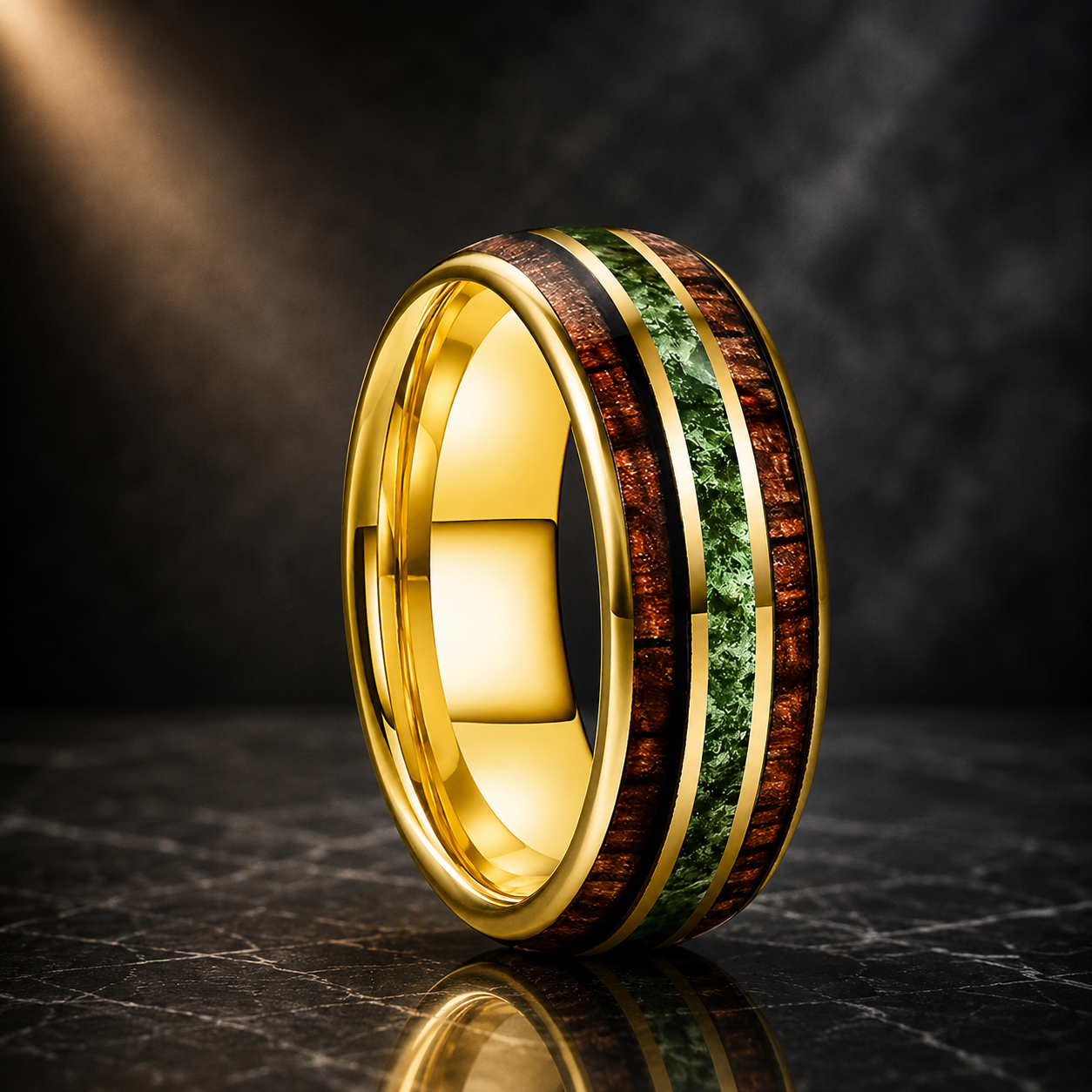The Wildmoss - Koa Wood and Moss Agate Tungsten Ring - Gold / 8MM / 15
