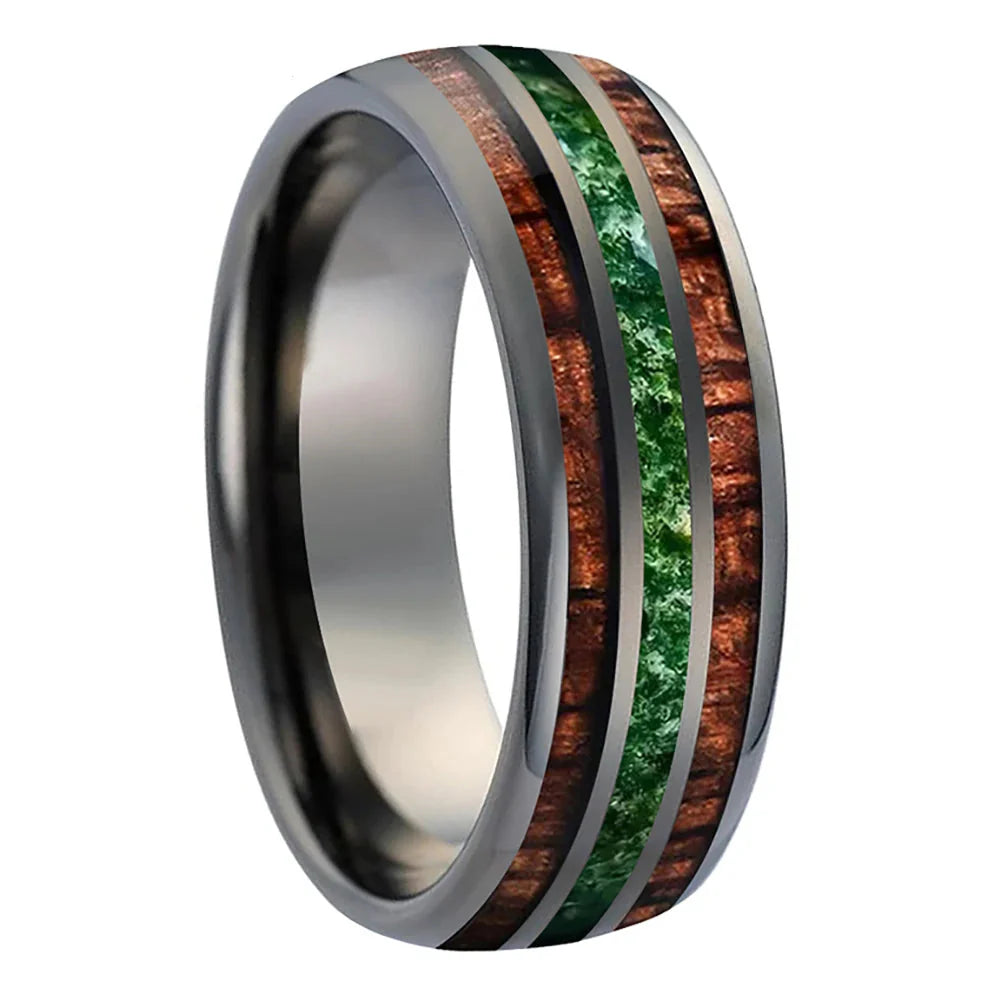 The Wildmoss - Koa Wood and Moss Agate Tungsten Ring - Gunmetal / 8MM / 15